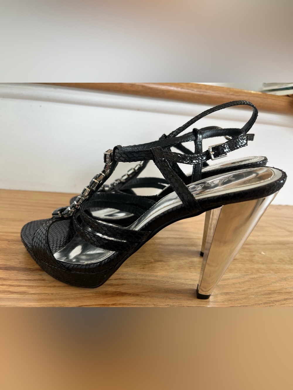 XOXO Black Patent Strappy T-Strap Heels